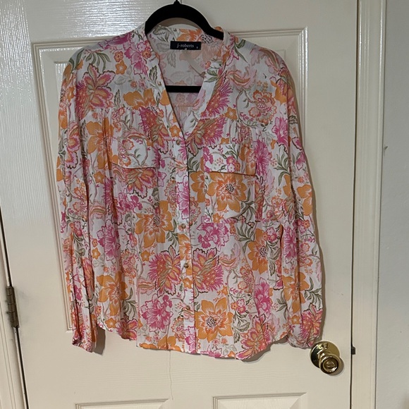 J. Roberts Tops - J. Roberts Women's Floral Button Down Shirt - Pink and Orange